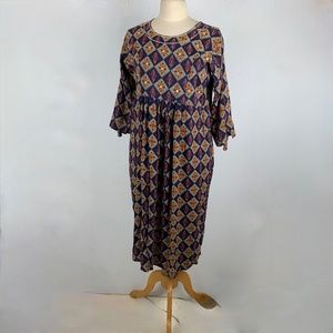 Ethnic Rayon Dress XL 40in Bust High Waist Diamonds Mirrors Blue Gray Excellent